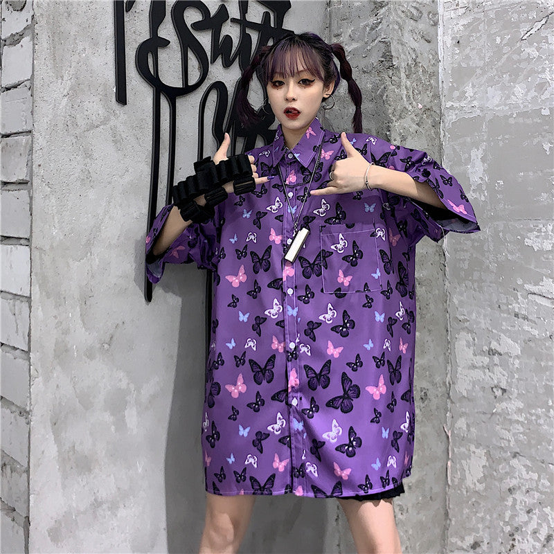 Harajuku Butterfly Purple Short Sleeve Shirt EV4132
