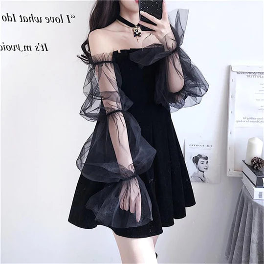 Black Puff Sleeve Off-shoulder Velvet Pleated Dress  UB96037