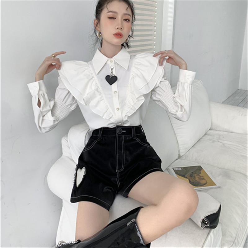 White Shirt Puff Sleeve Top/Black Shorts UB3221