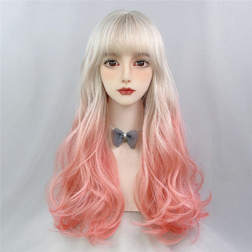 White Gold Gradient Pink Long Curly Wig ER5869