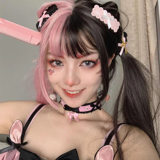 Half Black Half Pink Long Straight Wig   UB96044