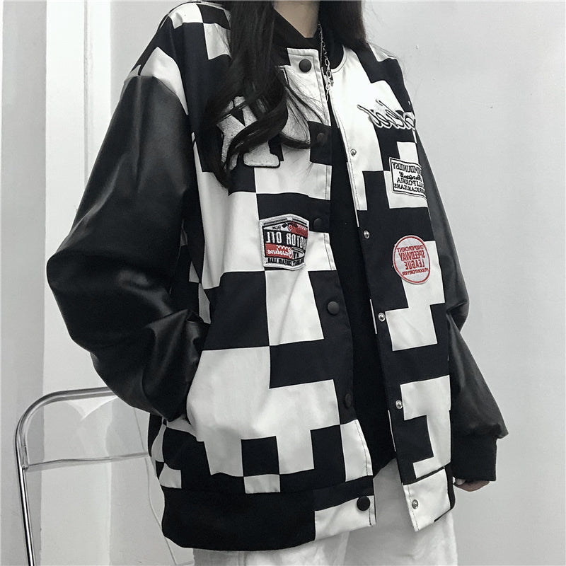 [@denitsa.vasileva] Retro black and white checkerboard jacket UB3449