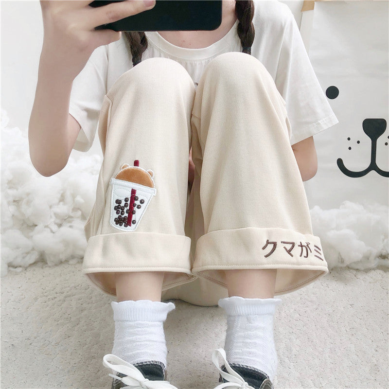 SWEET CUTE BEAR EMBROIDERY WIDE LEG PANTS UB3401