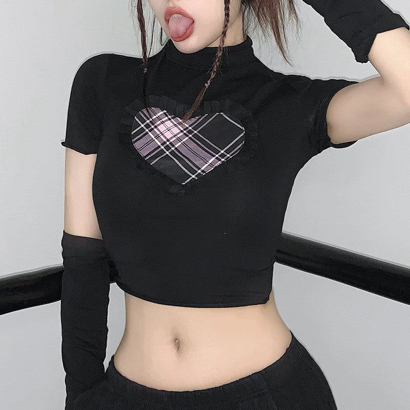 LOVE CONTRASTING COLOR SLEEVE NAVEL BARE T-SHIRT UB3326