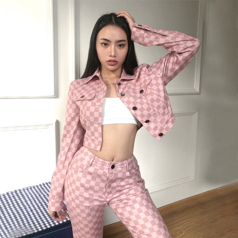 Pink Plaid Casual Two Piece Suit ER5850