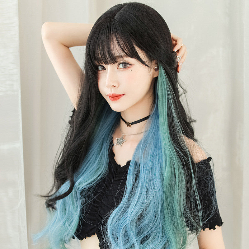 AIR BANGS BLACK BLUE LONG CURLY WIG UB3337