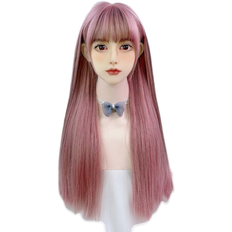 Sweet Cute Pink Brown Highlights Long Straight Wig UB6221