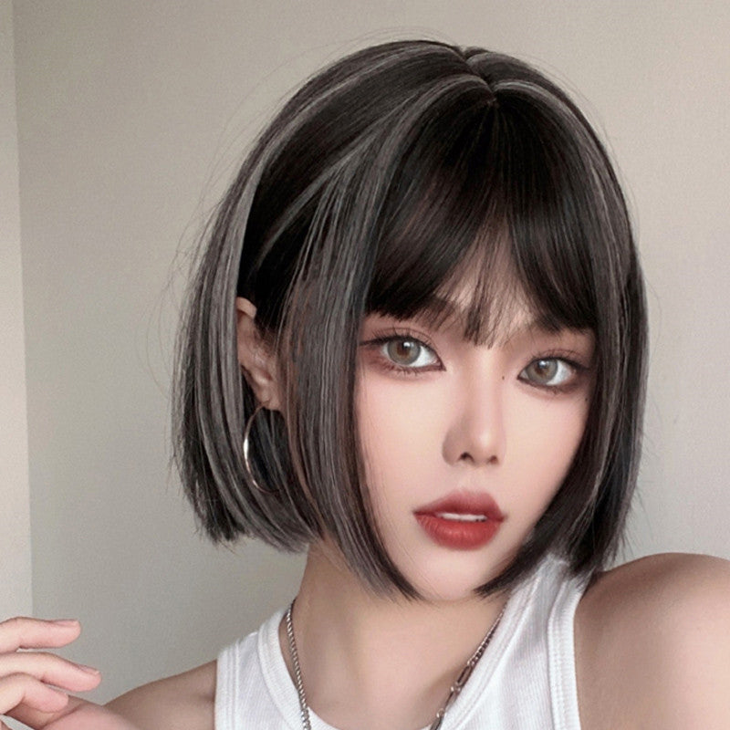 White Highlighting Black Short Straight Hair Wig UB3508