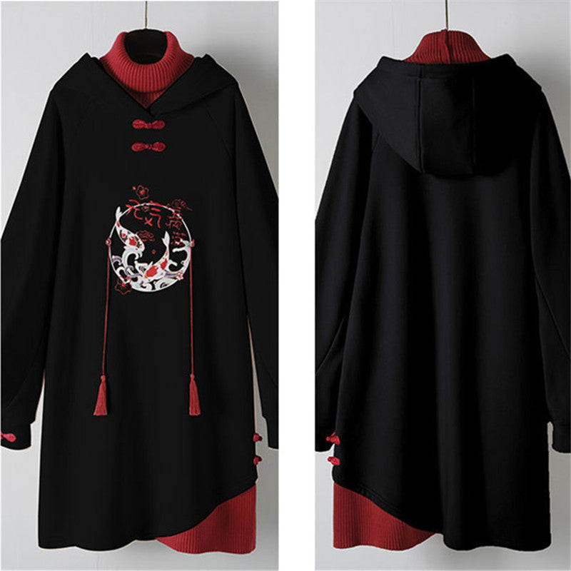 BLACK CHINESE STYLE HANFU FAKE TWO PIECE HOODIE UB3296