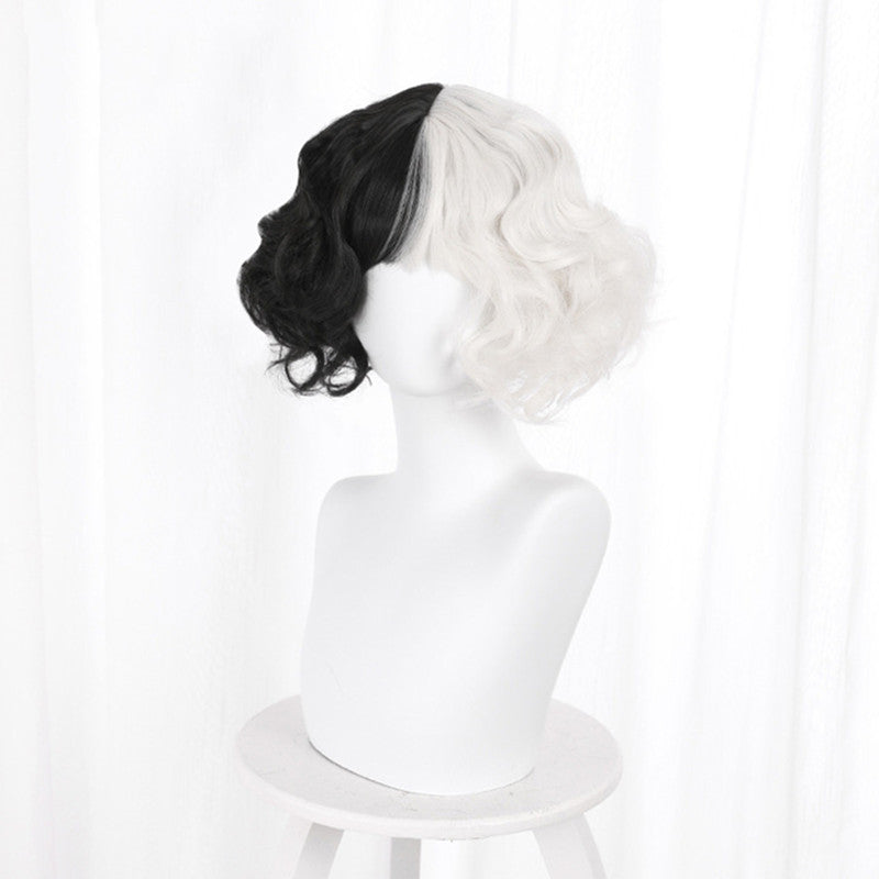 Half Black Half White Short Curly Cosplay Wig UB2447
