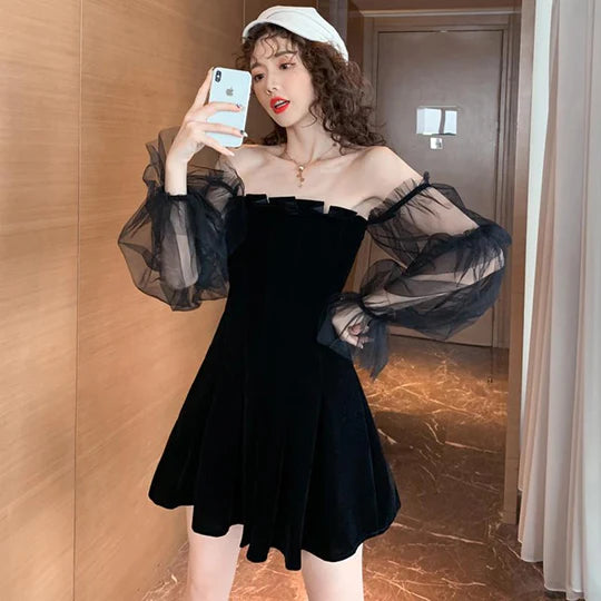 Black Puff Sleeve Off-shoulder Velvet Pleated Dress  UB96037