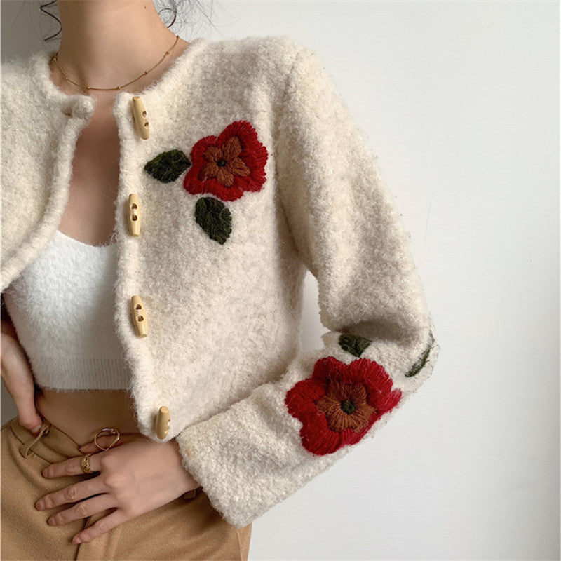 Vintage Flower Embroidered Lamb Wool Short Coat UB3223