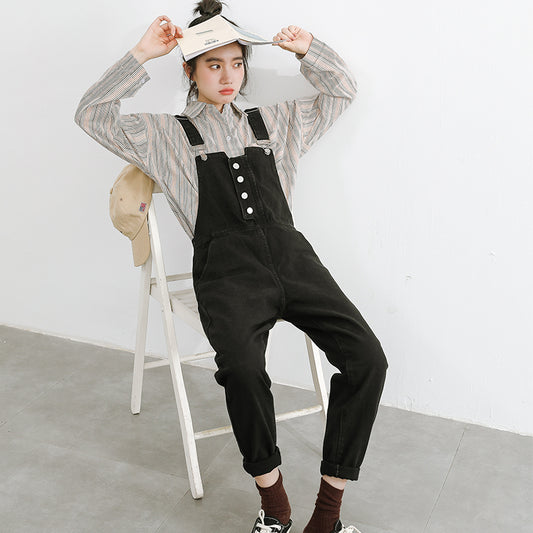 "CHIC BLACK STRAIGHT DENIM" SUSPENDER TROUSERS K122804