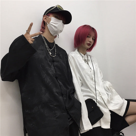 Black White Loose Stand Collar Shirt ER5825