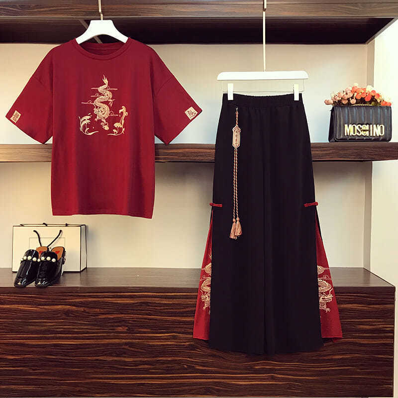 Hanfu Dragon Embroidery T-shirt Wide-leg Pants Two-piece Set UB6312