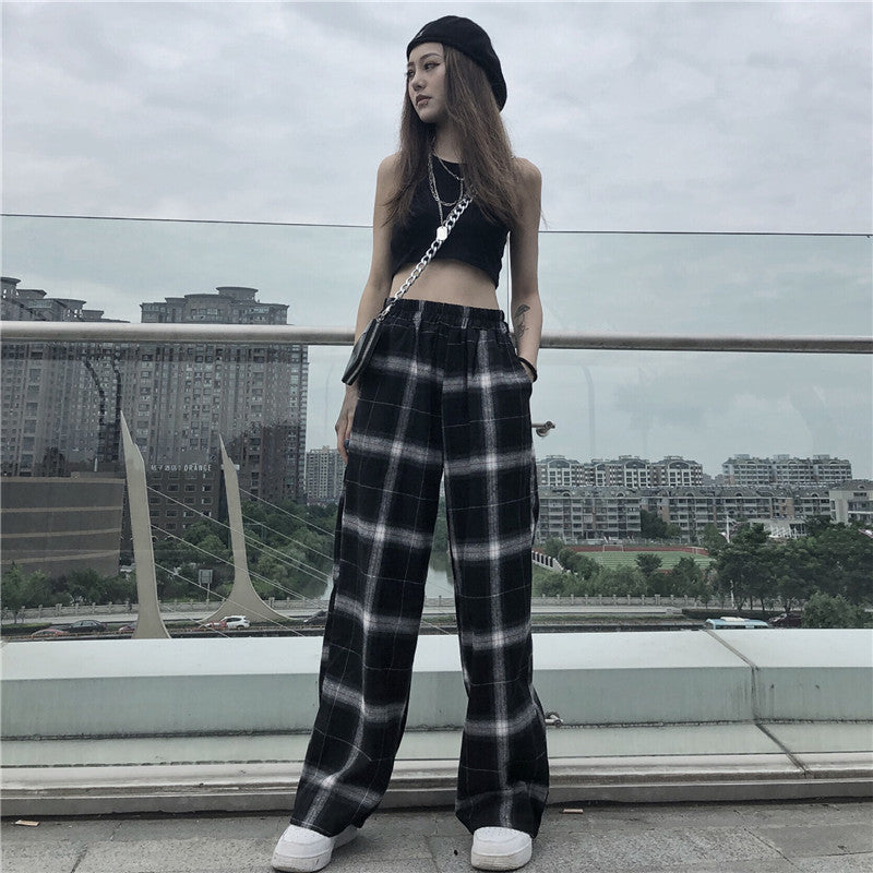 BLACK RETRO PLAID WIDE LEG PANTS UB3277