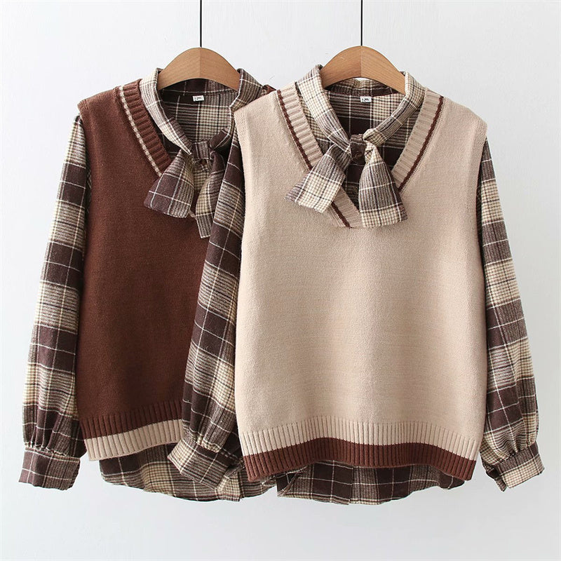 Long Sleeve Shirt + V Neck Vest Two Piece Set UB6187