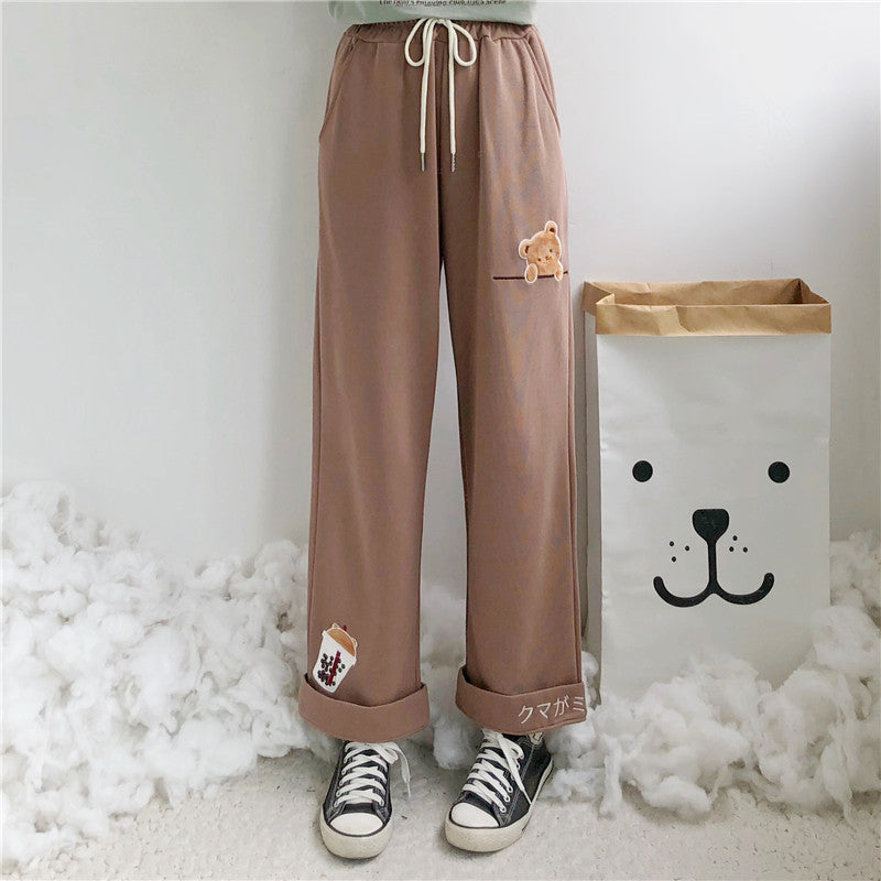 SWEET CUTE BEAR EMBROIDERY WIDE LEG PANTS UB3401