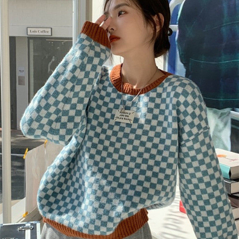 Sweater Checkerboard Plaid Short Sweater UB6161
