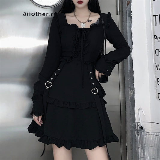 Vintage Black Gothic Ruffle Long Sleeve Dress UB6237