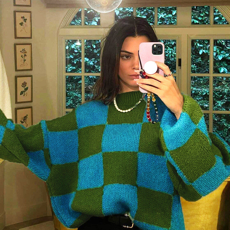 Green Stitching Plaid Pullover Sweater ER5839