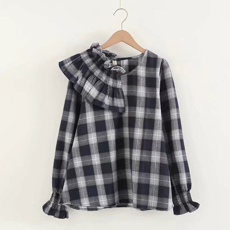 Ruffle-neck Puff-sleeve Plaid Shirt UB6196