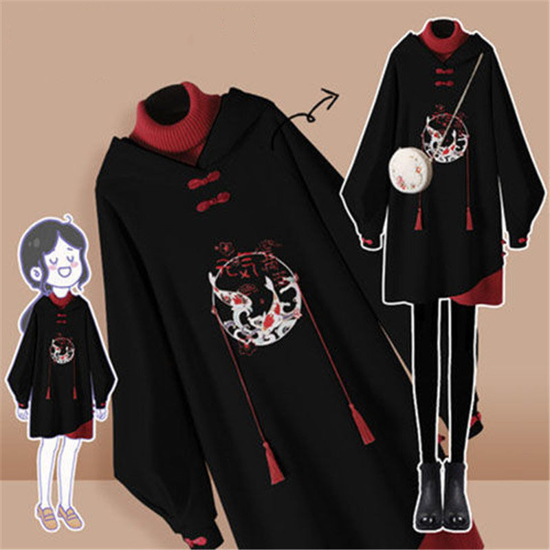 BLACK CHINESE STYLE HANFU FAKE TWO PIECE HOODIE UB3296