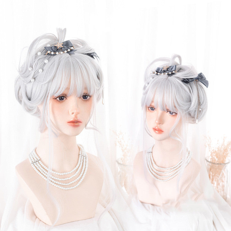 GRAY WHITE BANGS LONG CURLY WIG UB3368