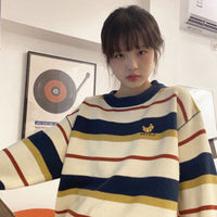 Blue/Apricot Striped Knit Pullover Sweater UB3243