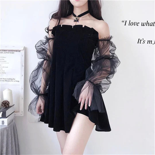 Black Puff Sleeve Off-shoulder Velvet Pleated Dress  UB96037