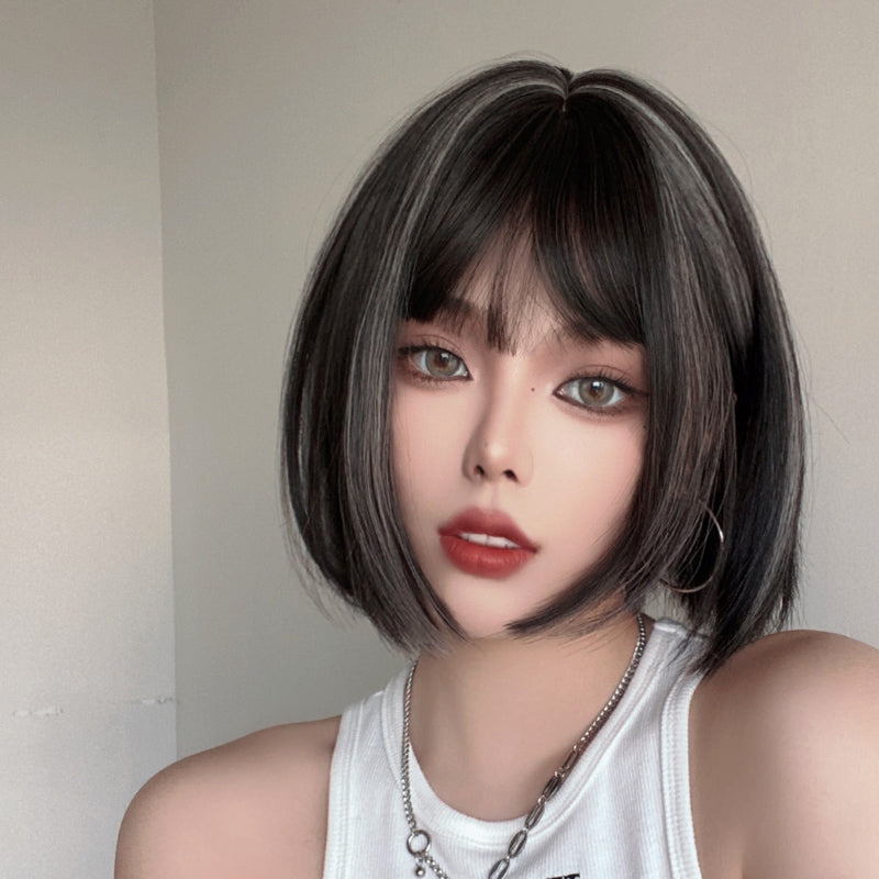 White Highlighting Black Short Straight Hair Wig UB3508