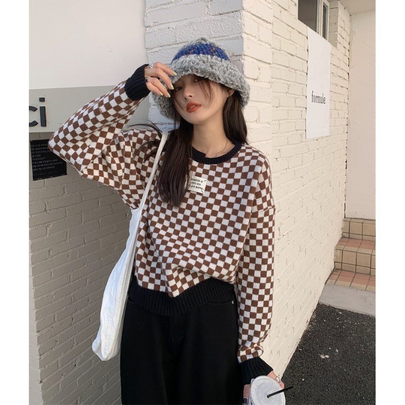 Sweater Checkerboard Plaid Short Sweater UB6161