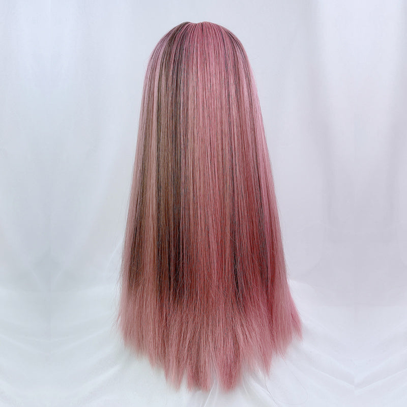Sweet Cute Pink Brown Highlights Long Straight Wig UB6221