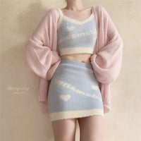 Letter Heart Knit Camisole Skirt Cream Blue Suit UB6256