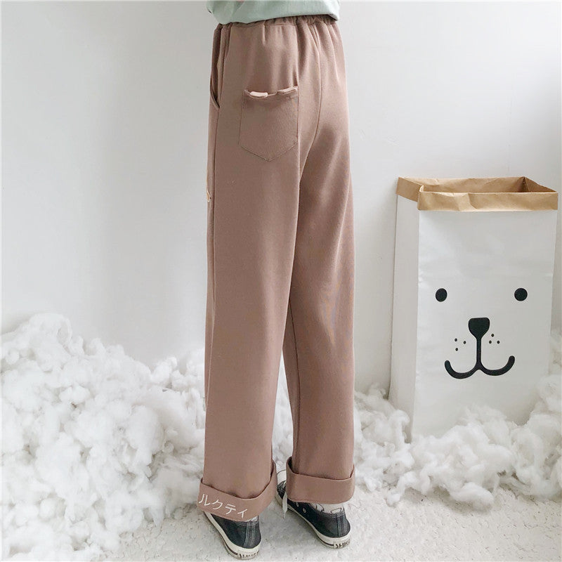 SWEET CUTE BEAR EMBROIDERY WIDE LEG PANTS UB3401