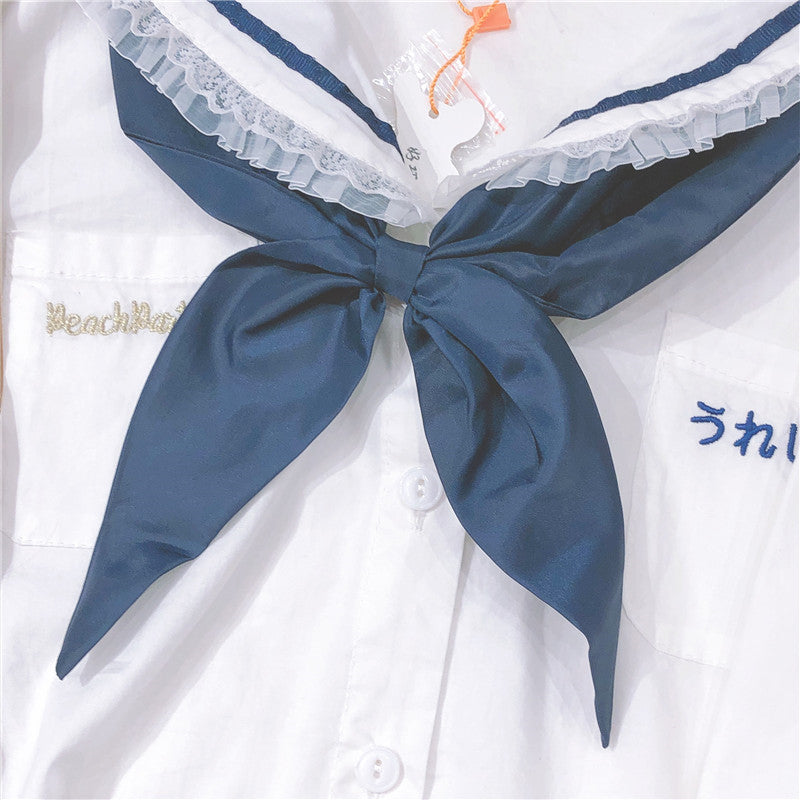 "SWEET NAVY COLLAR LACE BOW" LONG SLEEVE SHIRT Y031707