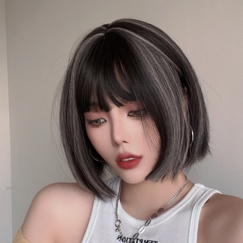 White Highlighting Black Short Straight Hair Wig UB3508