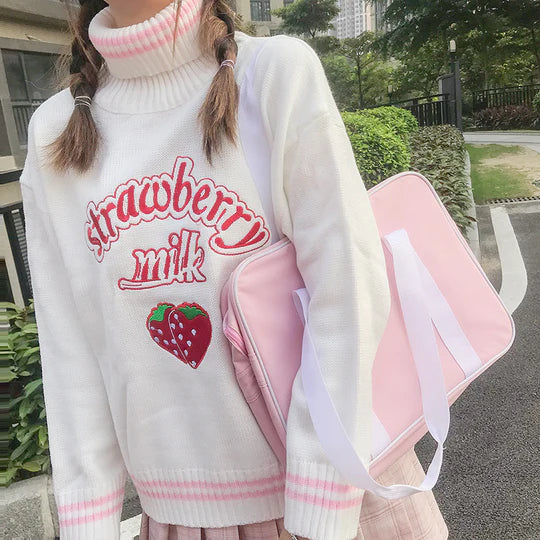 Pink Strawberry Turtleneck Loose Sweater  UB96039