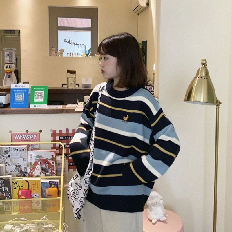 Blue/Apricot Striped Knit Pullover Sweater UB3243