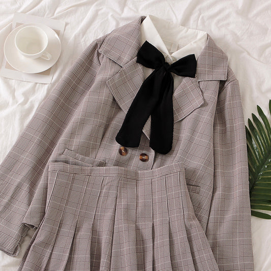 "COLLEGE STYLE PLAID SKIRT TWO PIECE" SUIT N111208