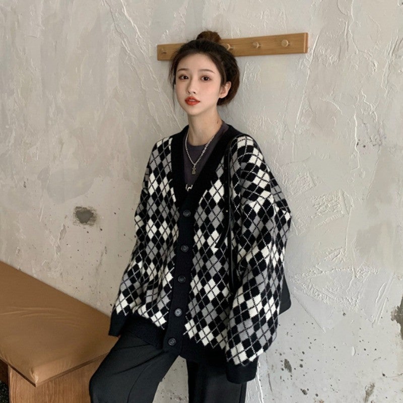 [@binxsicle] VINTAGE DIAMOND KNIT CARDIGAN UB3155