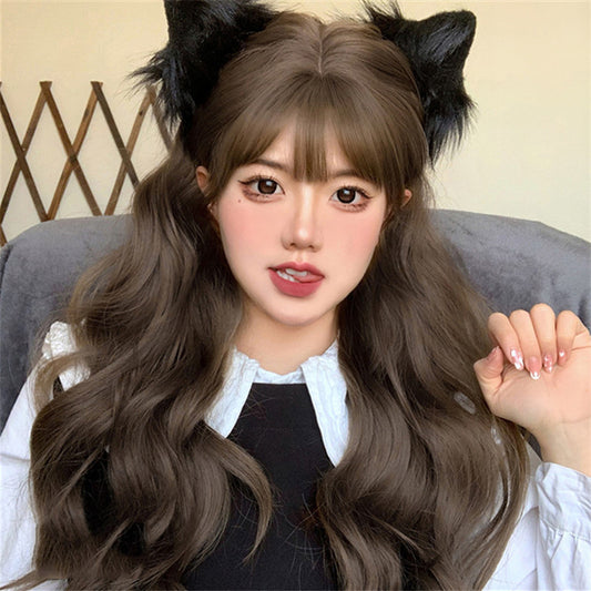 Natural Bangs Cold Brown Long Curly Wig UB3234