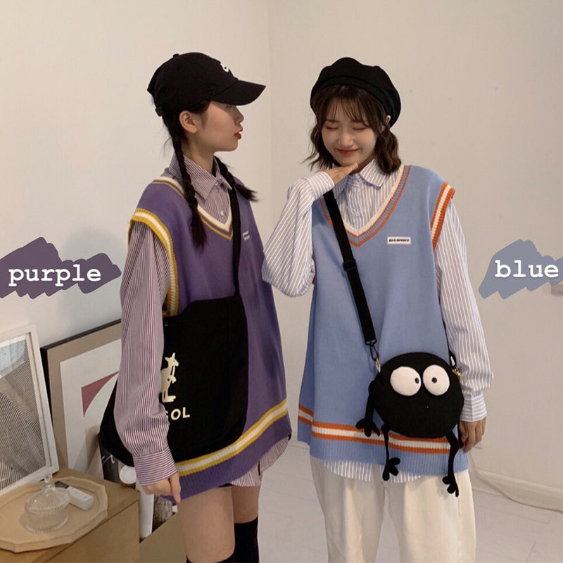 Purple/blue  V-neck Vest Sweater / Striped Shirt K082902