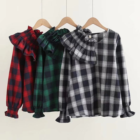 Ruffle-neck Puff-sleeve Plaid Shirt UB6196