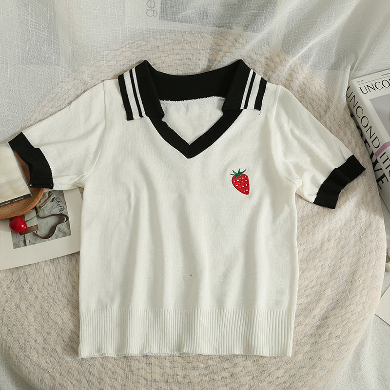 Embroidered Strawberry Lapel Short Sleeve T-Shirt UB6303