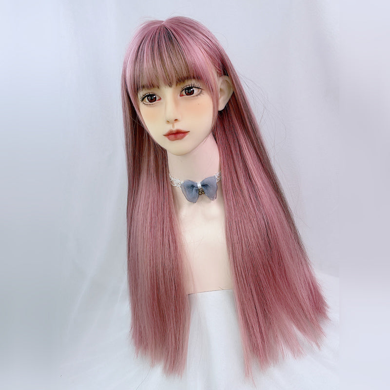 Sweet Cute Pink Brown Highlights Long Straight Wig UB6221