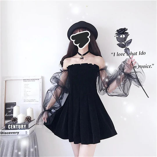 Black Puff Sleeve Off-shoulder Velvet Pleated Dress  UB96037