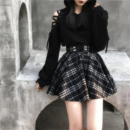 Dark Cute Ear Hoodie / Plaid Skirt  UB96027
