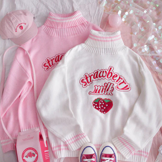 Pink Strawberry Turtleneck Loose Sweater  UB96039