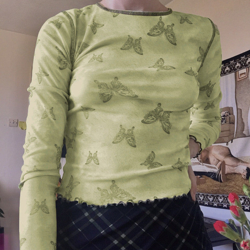 Green Butterfly Print Crew Neck Long Sleeve Shirt ER5814